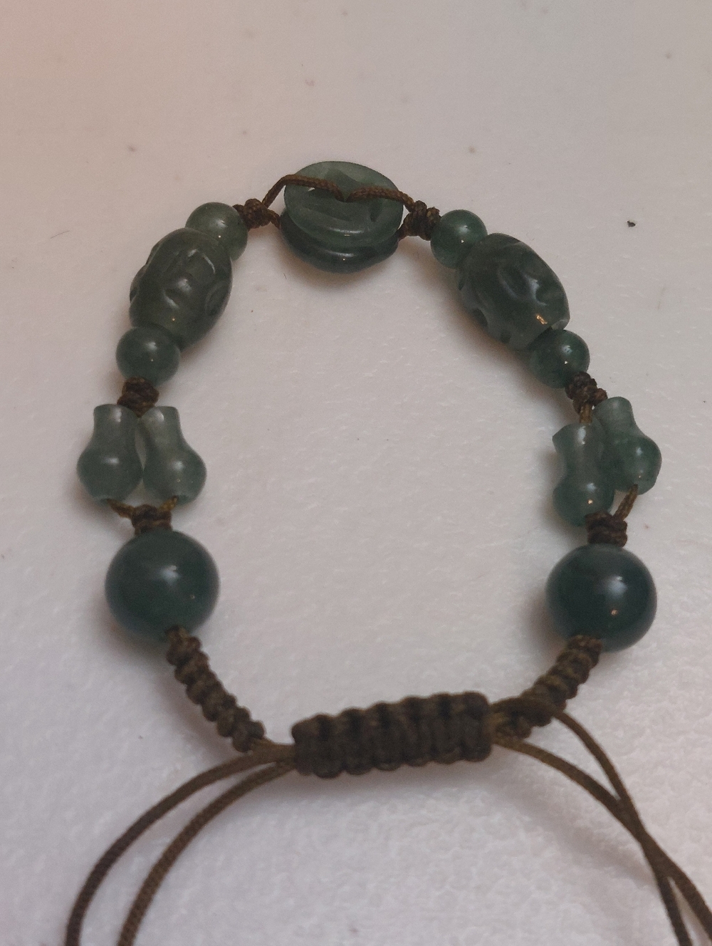 Artisan Unusual Carved Shapes Nephrite Jade Macrame Adjustable Bracelet